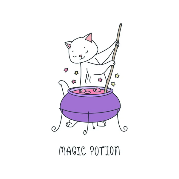 Magic Potion Illustration Cute White Cat Making Magic Potion Big — Stock Vector