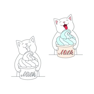 Dondurmalı mutlu kedi. Beyaz bir kedinin dondurmanın içinde eğlendiğinin hoş bir gösterimi. Vektör 10 EPS.