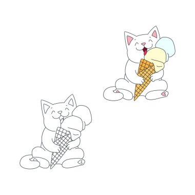 Dondurmalı mutlu kedi. Oturan beyaz bir kedinin waffle külahında dondurma yediğinin hoş bir çizimi. Vektör 10 EPS.