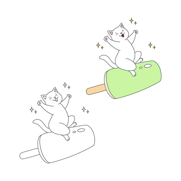 แมวท ความส บไอศกร ภาพท ตลกของแมวขาวท ความส งอย บนไอศกร เวกเตอร Eps — ภาพเวกเตอร์สต็อก