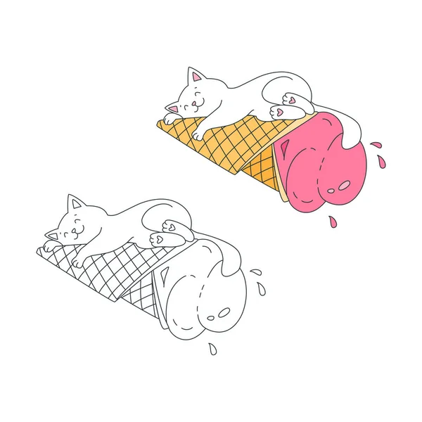 Gato Feliz Con Helado Ilustración Gato Blanco Feliz Durmiendo Cono — Vector de stock