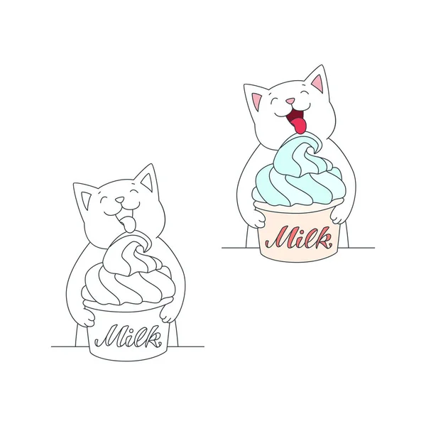Happy Cat Ice Cream Cute Illustration White Cat Enjoying Ice — Stock Vector