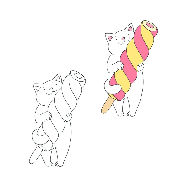 Glückliche Katze Mit Einem Eis Lustige Illustration Einer Glücklichen Weißen — Stockvektor