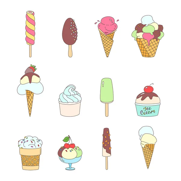 Ice Cream Set Collection Doodle Ice Cream Illustrations Isolated White — Stock Vector