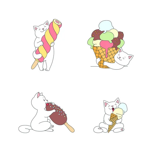 アイスクリームセット付きのハッピー猫 白を基調にしたアイスクリームを楽しむ白い猫の可愛いイラスト ベクトル10 Eps — ストックベクタ