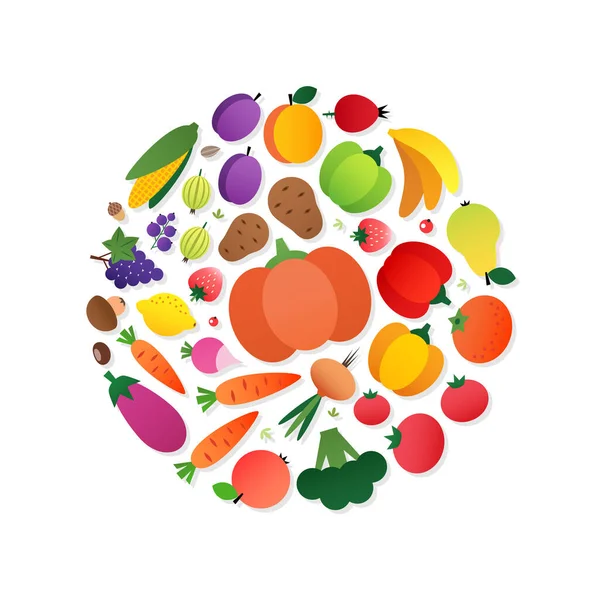 Organic Food Concept Circle Composition Vegetables Fruits Drawn Flat Style — Stock Vector