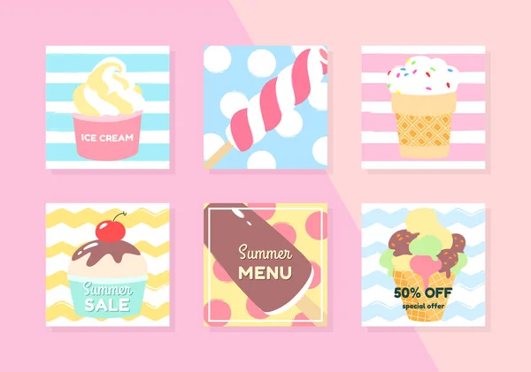 Summer Backgrounds Set Summer Illustrations Decorated Ice Cream Editable Templates — Stock Vector