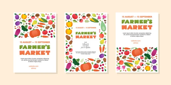 Set Farmer Market Templates Three Colorful Backgrounds Vegetables Fruits Drawn — Stock Vector
