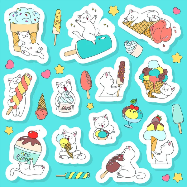 Set Pegatinas Kawaii Ilustraciones Vectoriales Lindo Gato Disfrutando Helado Divertidas — Archivo Imágenes Vectoriales