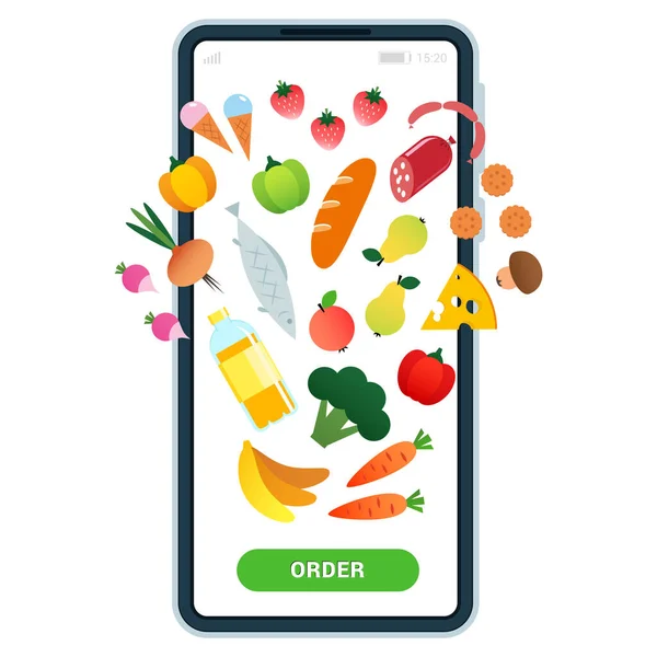 Pantalla Teléfono Inteligente Con Comestibles Botón Pedido Servicio Entrega Alimentos — Archivo Imágenes Vectoriales