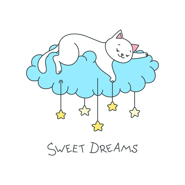 Сладких Снов Иллюстрация Милой Белой Кошки Лежащей Облаке Помещающей Звезды — стоковый вектор