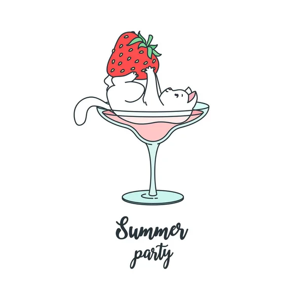 Summer Party Illustration Cute White Cat Lying Cocktail Glass Playing — Stock Vector