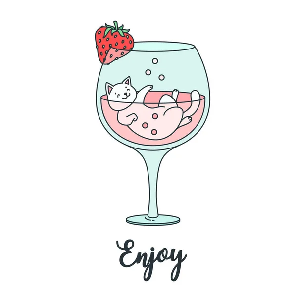 Enjoy Illustration Funny White Cat Swimming Cocktail Glass Can Used — Stock Vector