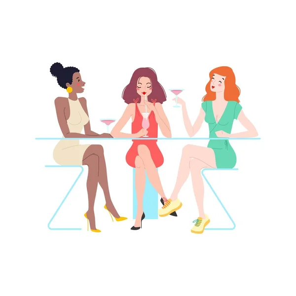 Three Multiracial Girlfriends Enjoying Cocktails Restaurant Bar Cute Young Women — Stock Vector