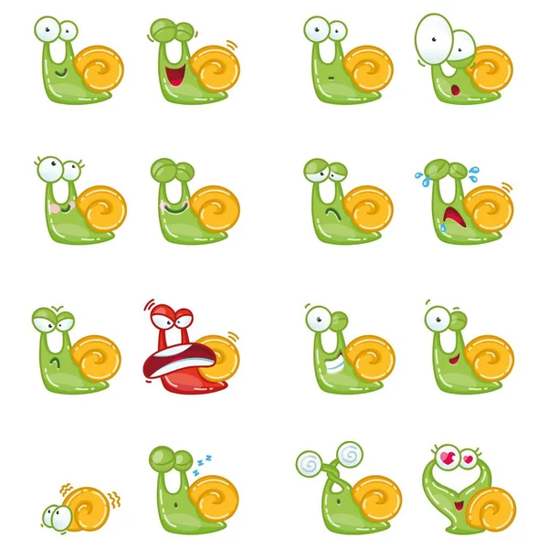 Grappige Slak Emoticons Ingesteld Verzameling Van Stickers Met Cartoon Slakken — Stockvector