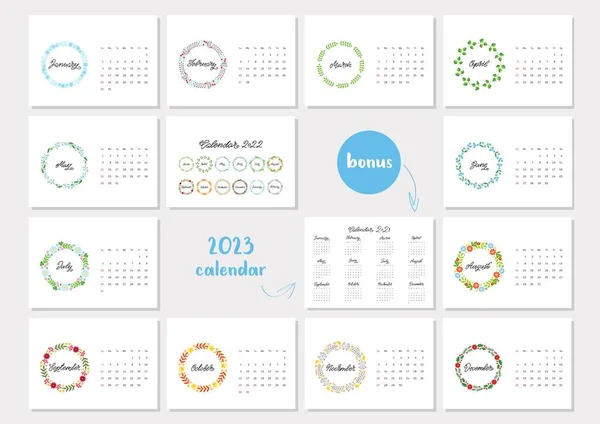 2022年日历模板 2022年月历 以美丽的花卉圆框为背景 装饰有几个月的手工字母名字 2023日历 矢量说明10 Eps — 图库矢量图片
