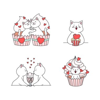 Aşık kedi yavrularının koleksiyonu. Kawaii beyaz kedilerinin karalama çizimleri. Sevgililer Günü çıkartmaları hazır. Vektör 10 EPS.