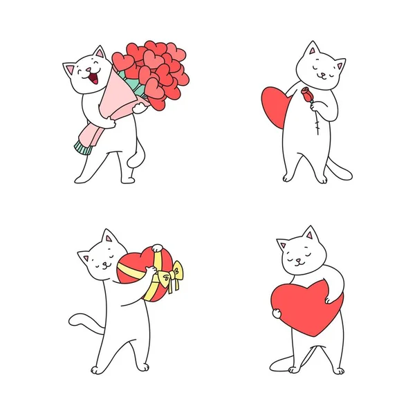 Verzameling Van Schattige Kittens Love Doodle Illustraties Van Kawaii Witte — Stockvector