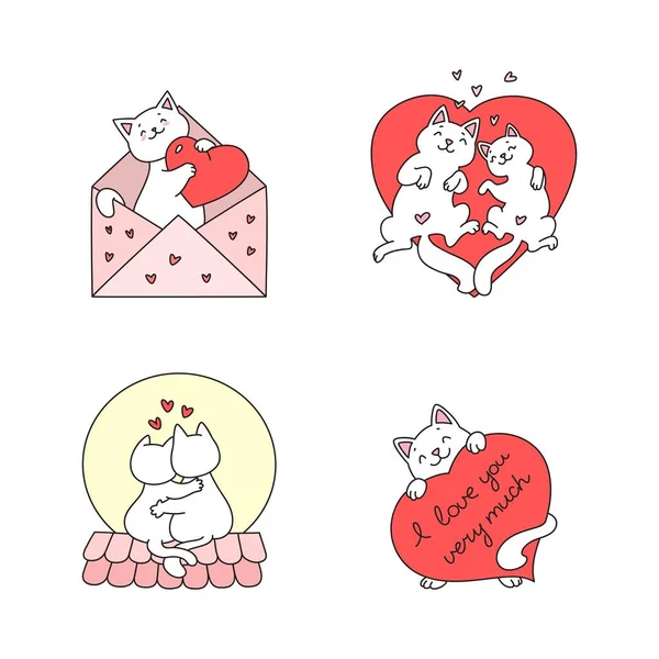 Sammlung Von Süßen Verliebten Kätzchen Gekritzelte Illustrationen Von Kawaii Weißen — Stockvektor
