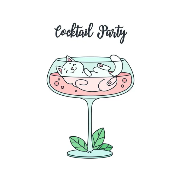 Cocktail Party Illustration Funny White Cat Swimming Cocktail Glass Can — Stock Vector