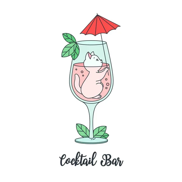 Cocktail Bar Illustration Funny White Cat Sitting Cocktail Glass Cocktail — Stock Vector