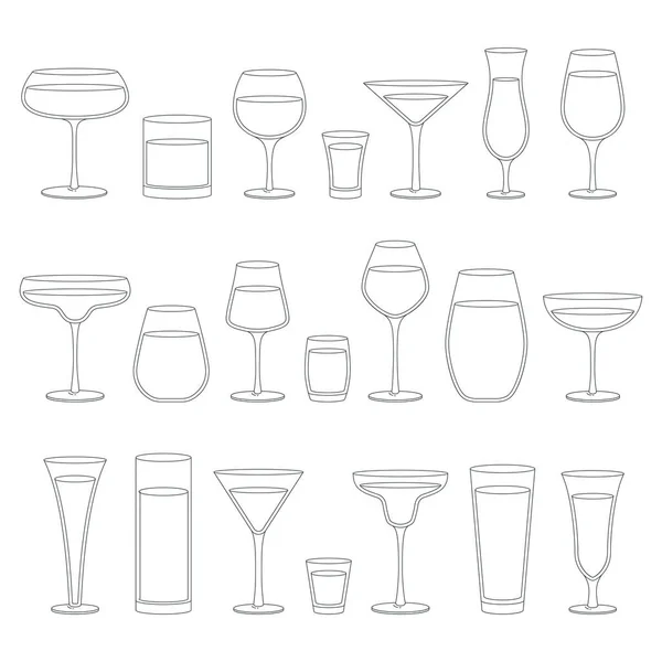 Collection Drink Glasses Illustration Outlined Glass Silhouettes Vector Icon Set — Stock Vector