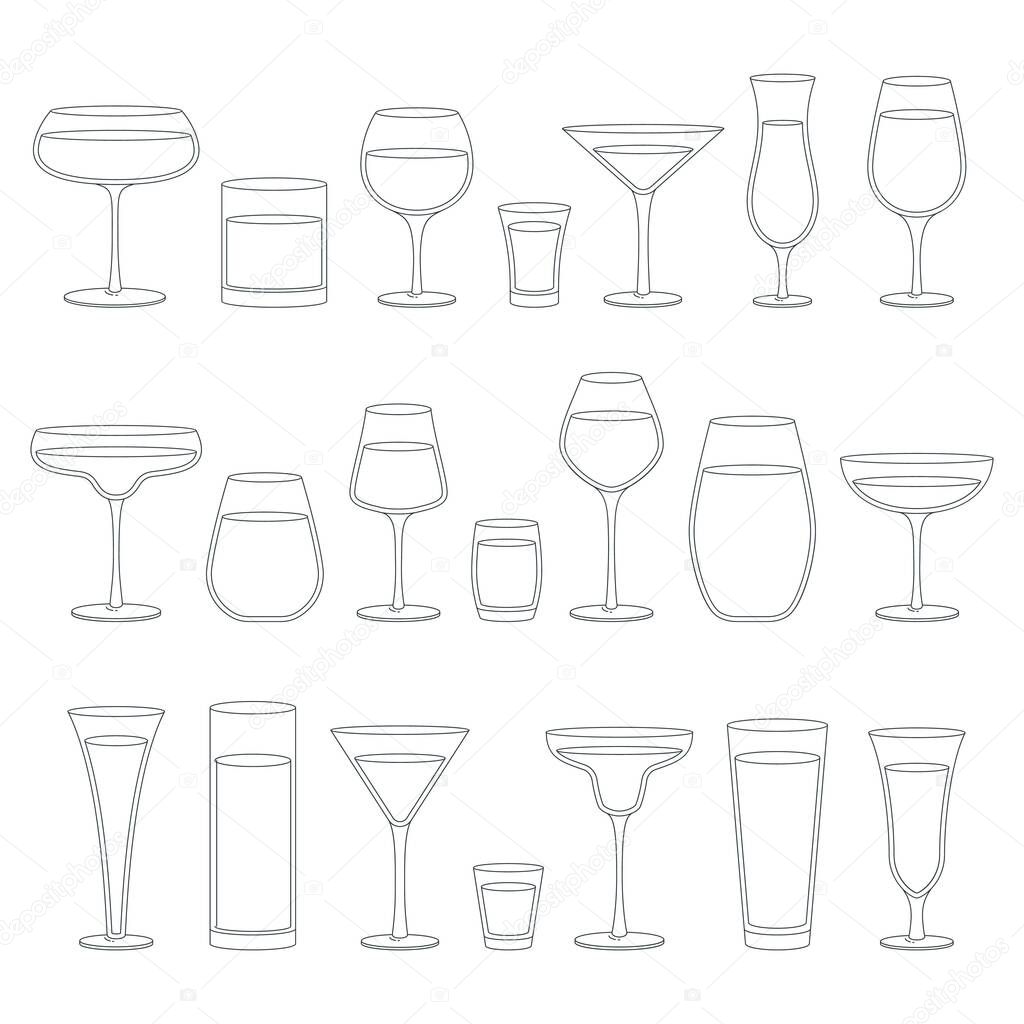 Collection of drink glasses. Illustration of outlined glass silhouettes. Vector icon set.
