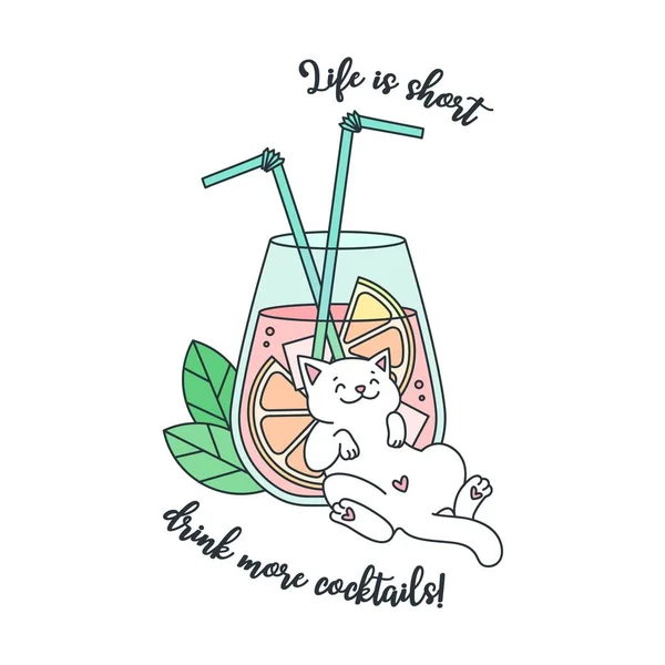 Life Short Drink More Cocktails Illustration Happy White Cat Lying — Stock Vector