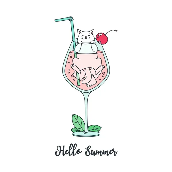 Ahoj Léto Ilustrace Šťastné Bílé Kočky Sedící Koktejlové Sklenici Zdobené — Stockový vektor