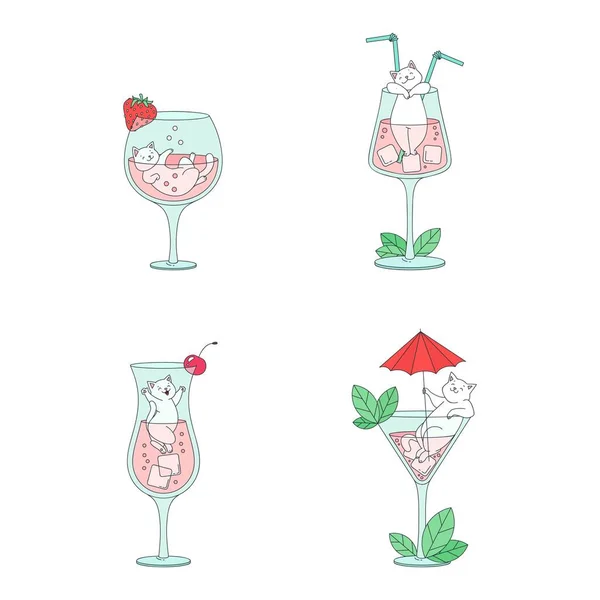 Collection Cute Kittens Cocktails Summer Illustration Funny White Cats Playing — Stock Vector