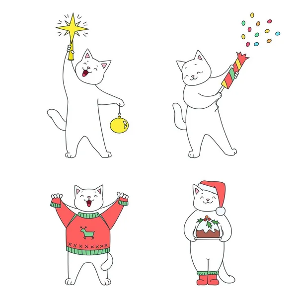 冬の休日を楽しむかわいい子猫のコレクション 醜いセーター クリスマスプディング 爆竹やクリスマスの装飾を持つ面白い白い猫のイラスト — ストックベクタ