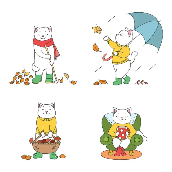 Kolekce Roztomilých Koťátek Užívá Podzimní Sezóny Podzimní Ilustrace Legračních Bílých — Stockový vektor