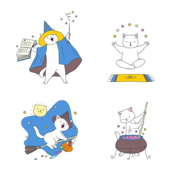 Colección Gatitos Mago Lindo Ilustración Divertidos Gatos Blancos Lanzando Hechizo — Archivo Imágenes Vectoriales