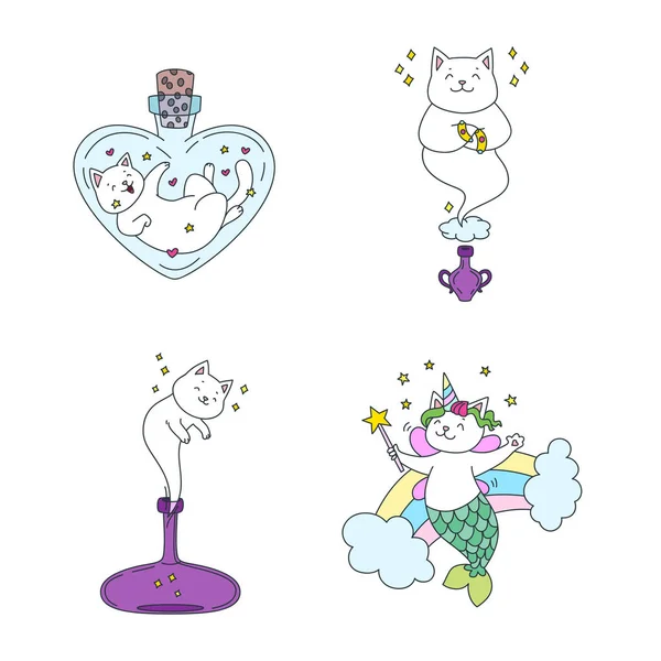 收集魔法猫咪 有趣的白色猫的图例 精灵猫 仙猫和猫坐在魔法瓶子里 病媒10 Eps — 图库矢量图片