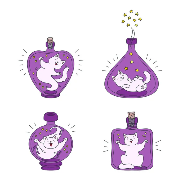 Colección Gatitos Mágicos Ilustraciones Lindos Gatos Blancos Sentados Botellas Mágicas — Vector de stock