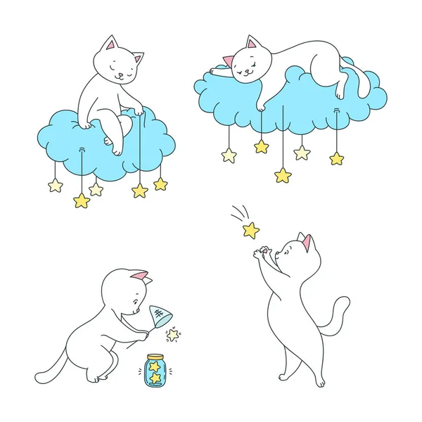 Kolekce Kouzelných Koťátek Ilustrace Roztomilých Koček Chytajících Hvězdy Sedících Mracích — Stockový vektor
