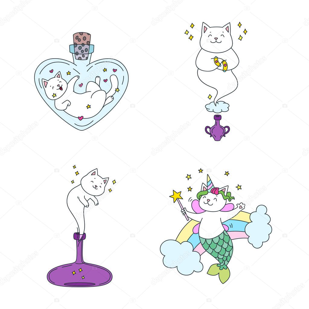 Collection of magic kitties. Illustrations of funny white cats: genie cats, fairy cat and cat sitting in a magic bottle. Vector 10 EPS.