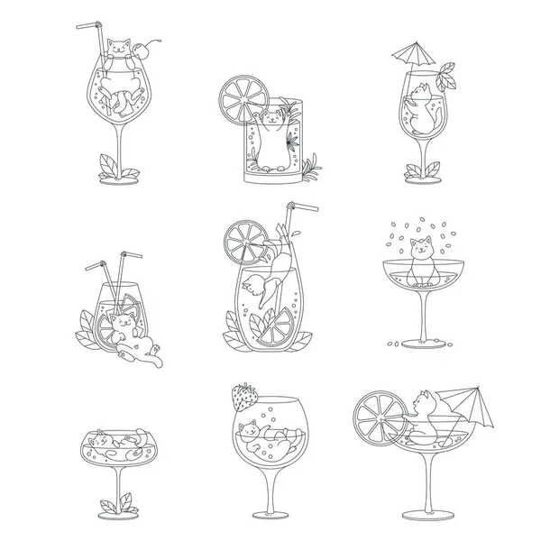 Collection Cute Kitties Cocktails Funny Cats Playing Cocktail Glasses Decorated — Stock Vector