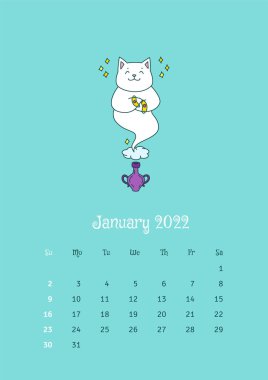 Ocak 2022 takvimi. Takvim şablonu, sihirli şişede oturan sevimli bir kediyle süslenmiş. Vektör illüstrasyonu 10 EPS.