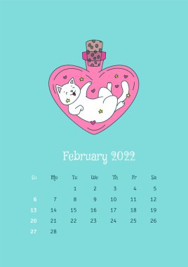 Şubat 2022 takvimi. Takvim şablonu, kalp şeklindeki sihirli şişede oturan sevimli bir kediyle süslenmiş. Vektör illüstrasyonu 10 EPS.