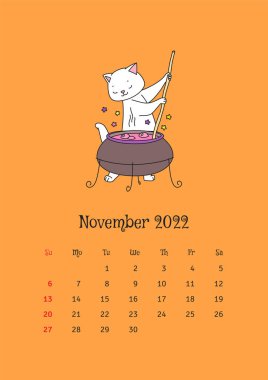 Kasım 2022 takvimi. Takvim şablonu büyük bir kazanda sihirli iksir yapan sevimli beyaz bir kediyle süslenmiş. Vektör illüstrasyonu 10 EPS.