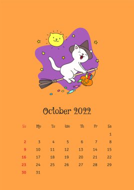 Ekim 2022 takvimi. Gece yıldızlı gökyüzünde süpürge üzerinde uçan cadı şapkalı komik bir kediyle süslenmiş takvim şablonu. Vektör illüstrasyonu 10 EPS.