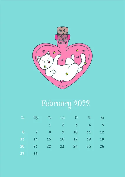 Февраль 2022 Календарь Шаблон Календаря Украшен Милой Кошкой Сидящей Волшебной — стоковый вектор