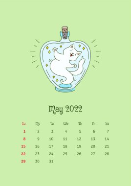 Mayıs 2022 takvimi. Takvim şablonu mavi sihirli şişede oturan sevimli bir kediyle süslenmiş. Vektör illüstrasyonu 10 EPS.