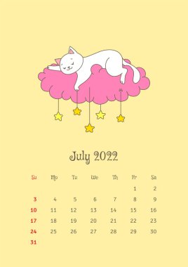 Temmuz 2022 takvimi. Takvim şablonu pembe bulutun üzerinde oturan sevimli beyaz bir kediyle süslenmiş ve yıldızları gökyüzüne koyuyor. Vektör illüstrasyonu 10 EPS.