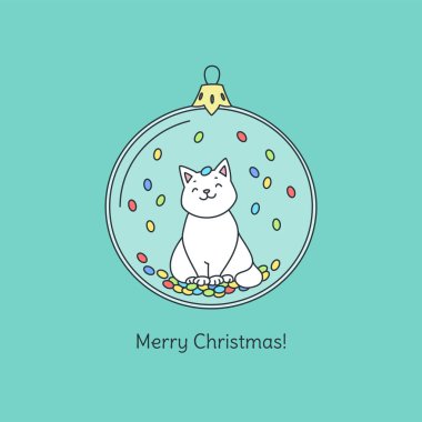 Mutlu Noeller! Cam Noel balosunda oturan sevimli beyaz kedili tebrik kartı. Vektör 10 EPS