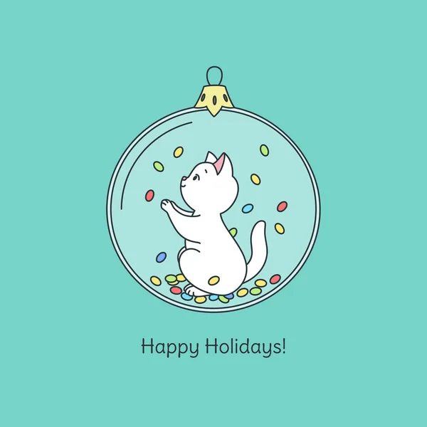 Joyeuses Fêtes Carte Voeux Avec Joli Chat Blanc Jouant Avec — Image vectorielle