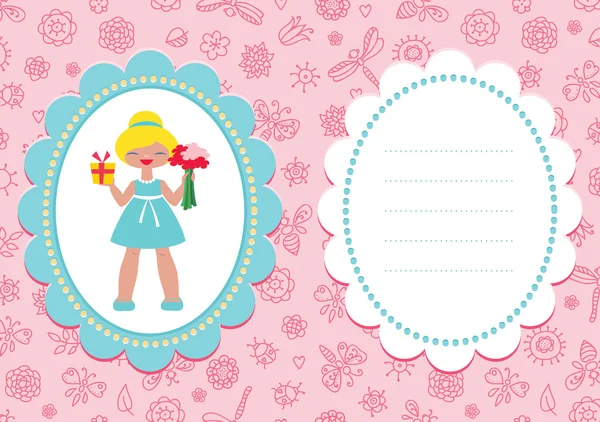 Pink birthday card with cute blond girl — Stok Vektör