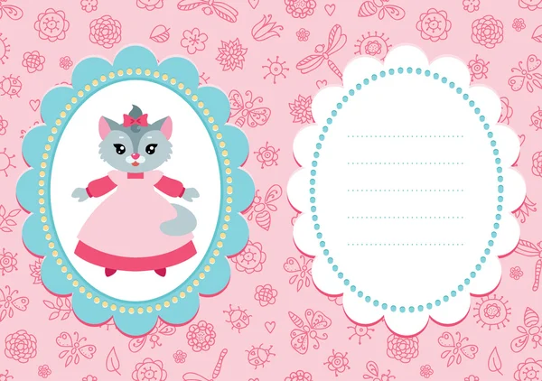 Tarjeta de bebé rosa con gatito — Vector de stock