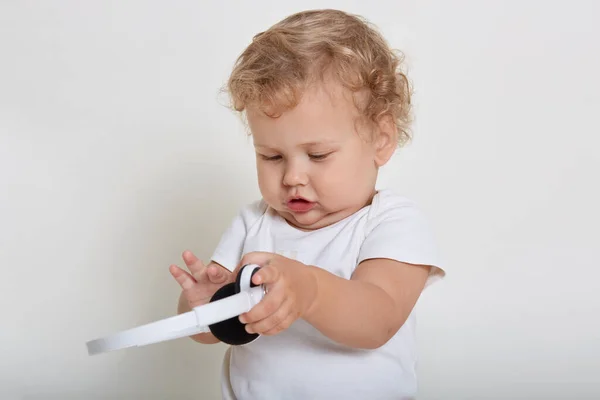 Curious Baby Boy Studying New Toy Child Holding Head Set — Stock Photo, Image